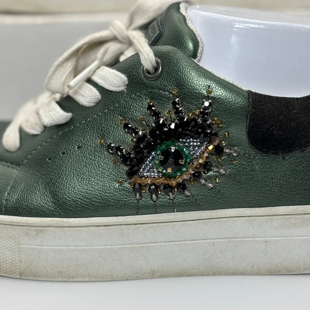 Kurt Geiger Green Leather Embellished Eye Sneakers with Black Heel